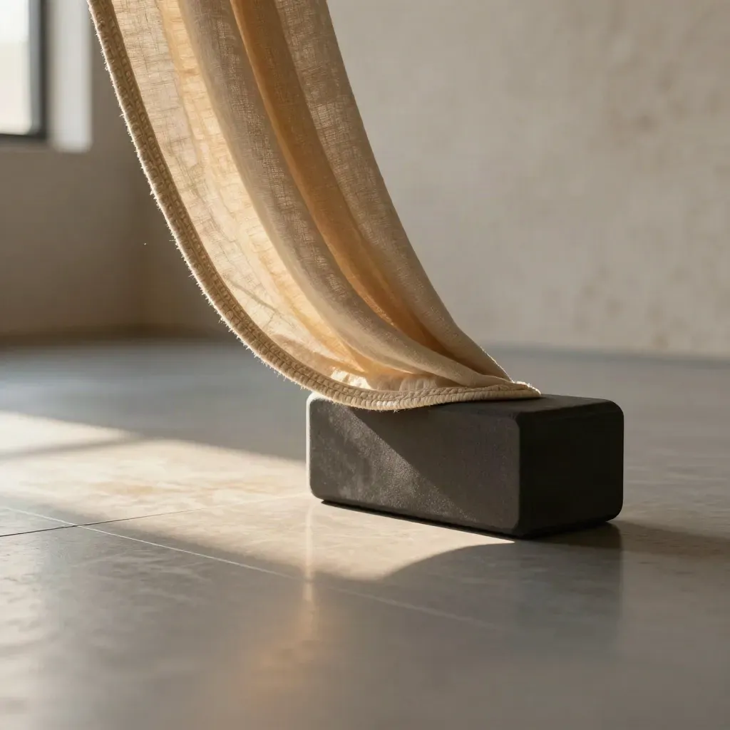 Macro of a dance studio corner with gauze drape, balance block, floor light and marley floor.