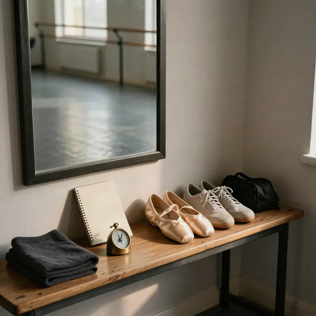 Dance coaching nook with mirror, notebook, metronome and practice shoes on a bench