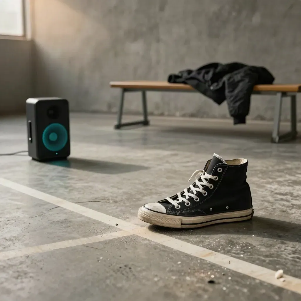Floor-level street dance studio with scuffed sneakers, speaker, taped lines and jacket haze.