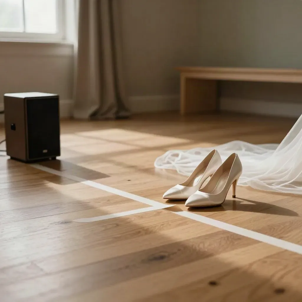 Ivory satin heels and a veil on a timber floor with aisle marks in a moody rehearsal room.