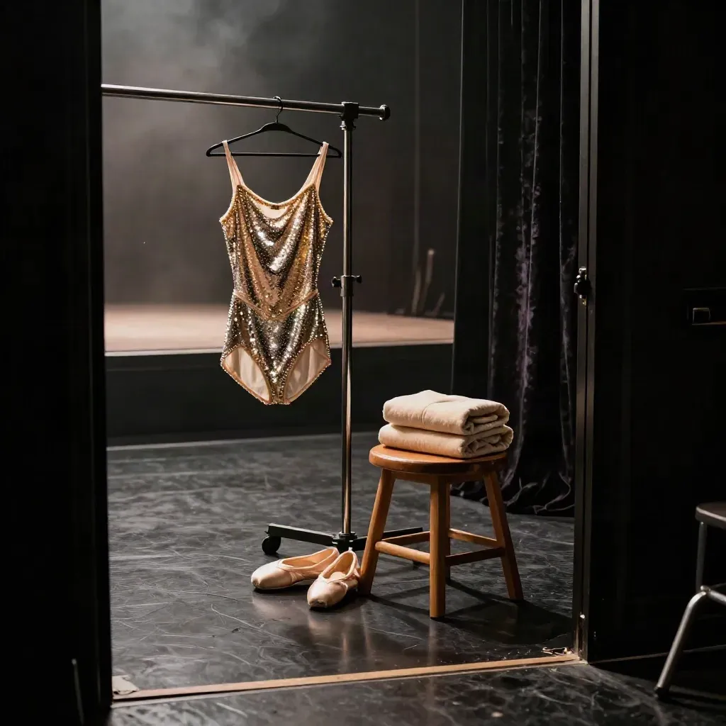 Backstage corner with sequined costume, ballet flats, stage tape and a glowing stage edge.