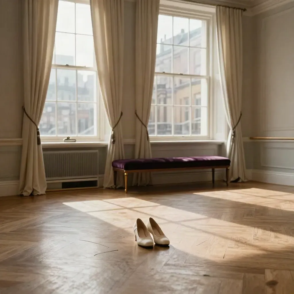 Elegant rehearsal room with ivory shoes, cream drapery, polished parquet and plum velvet bench.