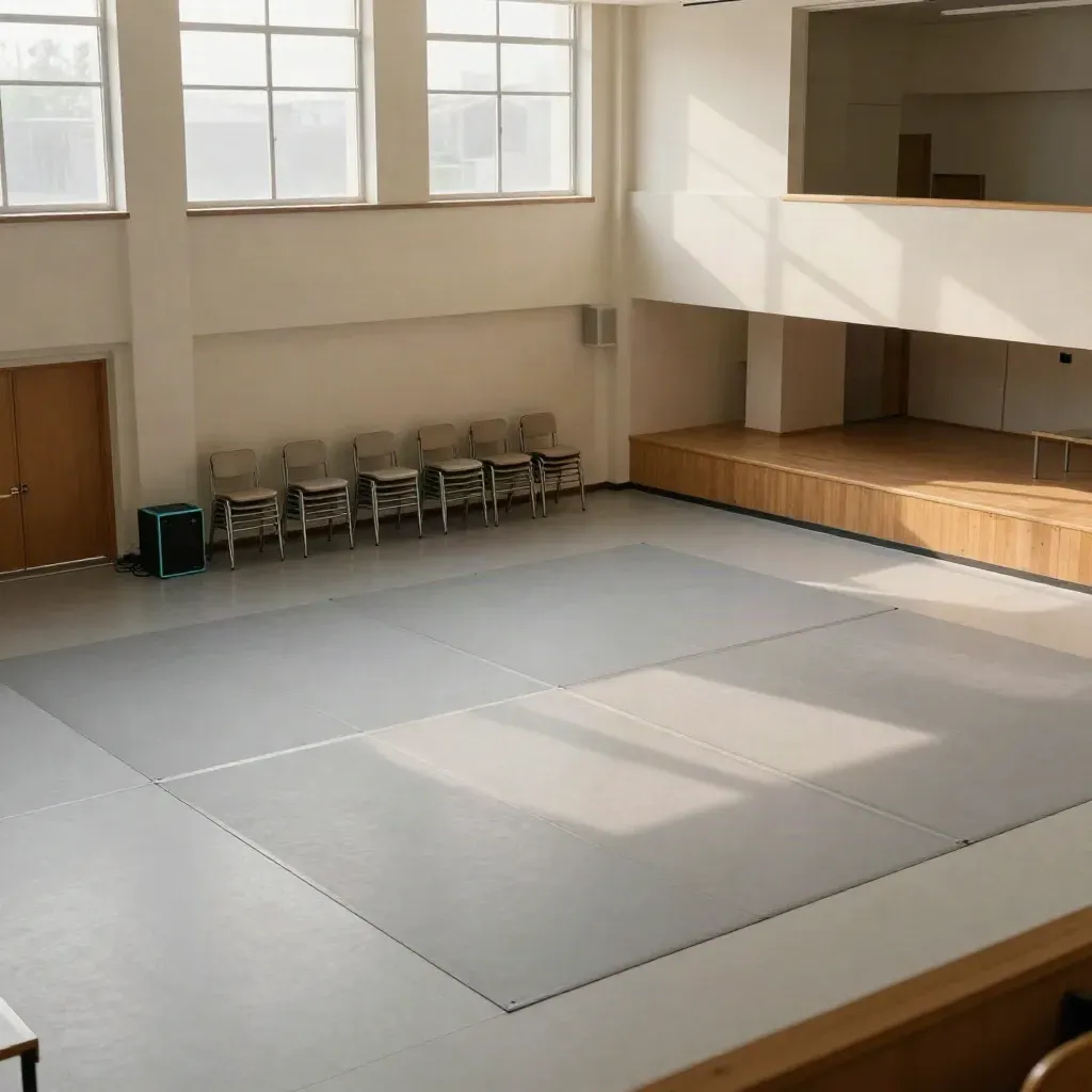 Empty school hall with taped dance lanes, stacked chairs and speakers ready for rehearsal.