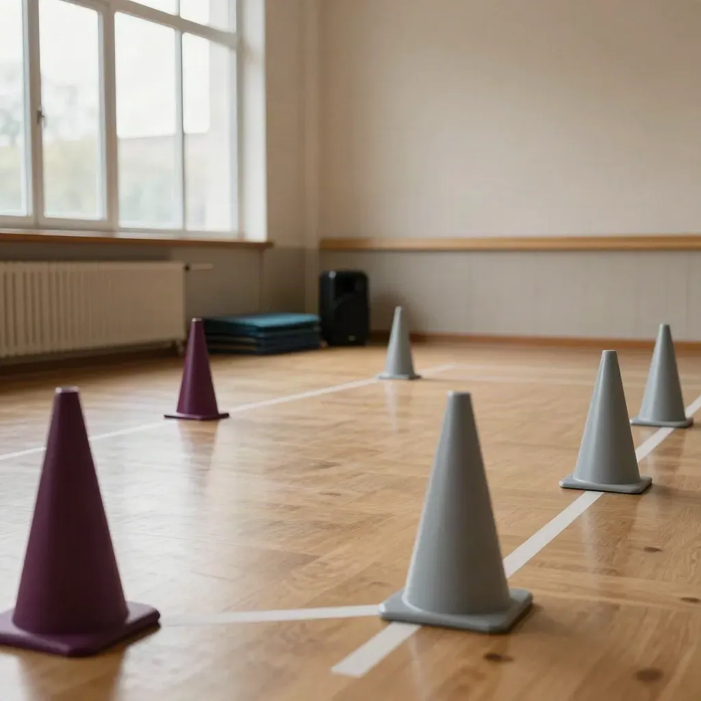Empty school hall workshop setup with cones, floor dots, speaker and folded mats