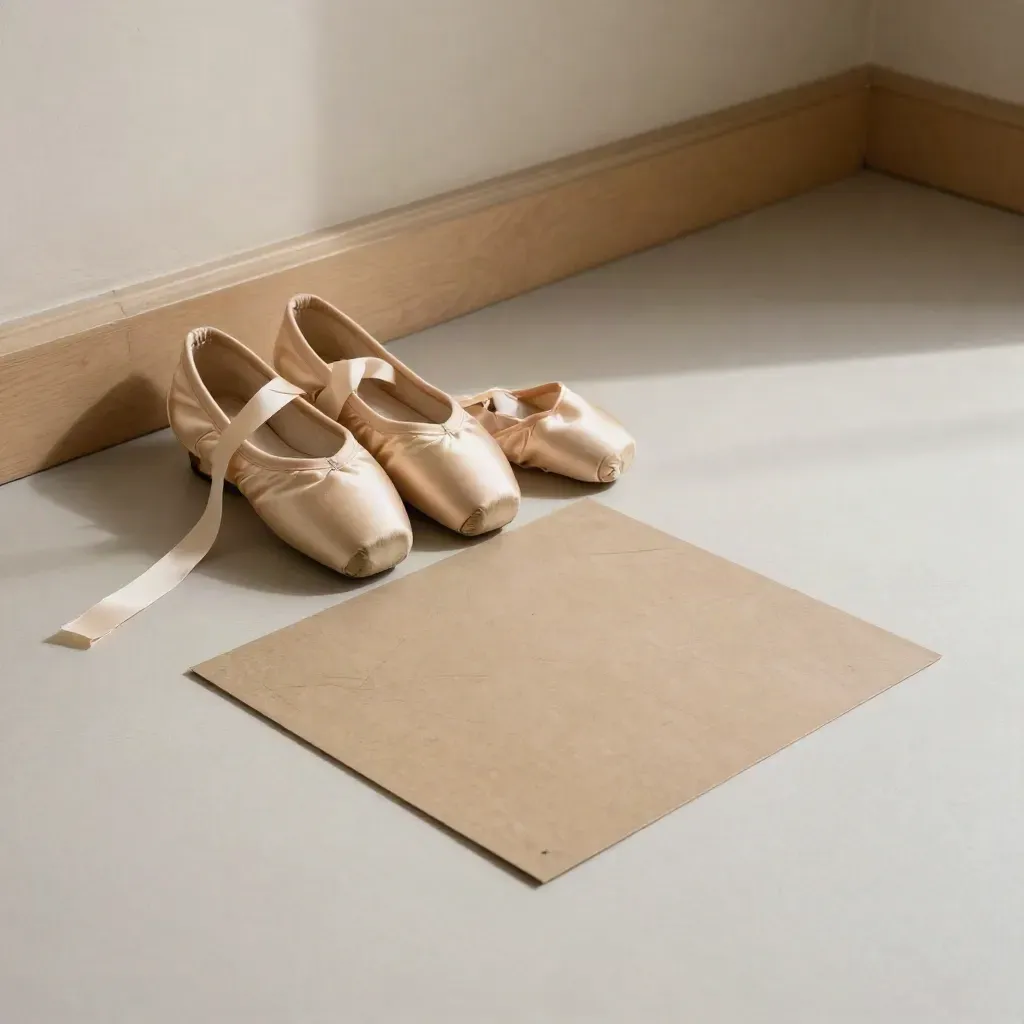 Rosined pointe shoes beside a marley audition square in a quiet ballet studio corner.