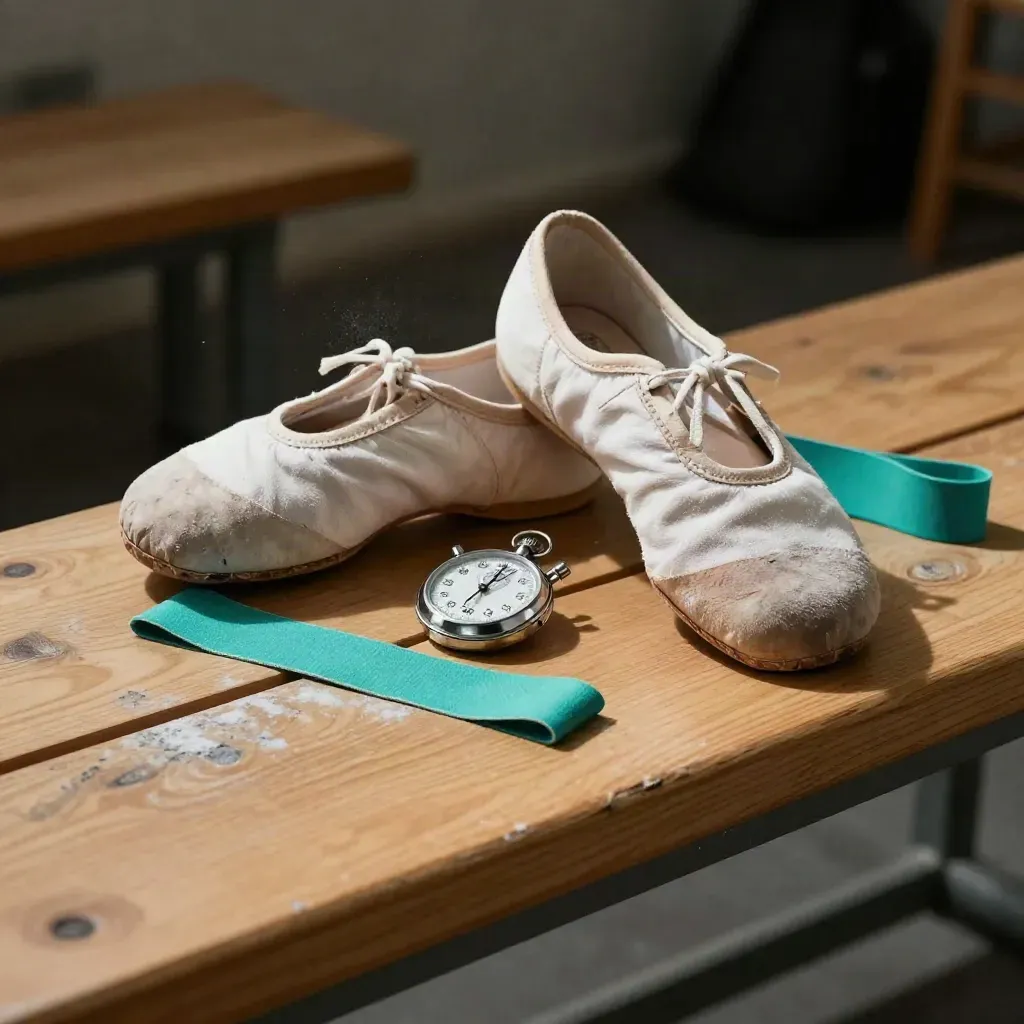 Dance training tools on a wood bench with chalk dust and dramatic side light