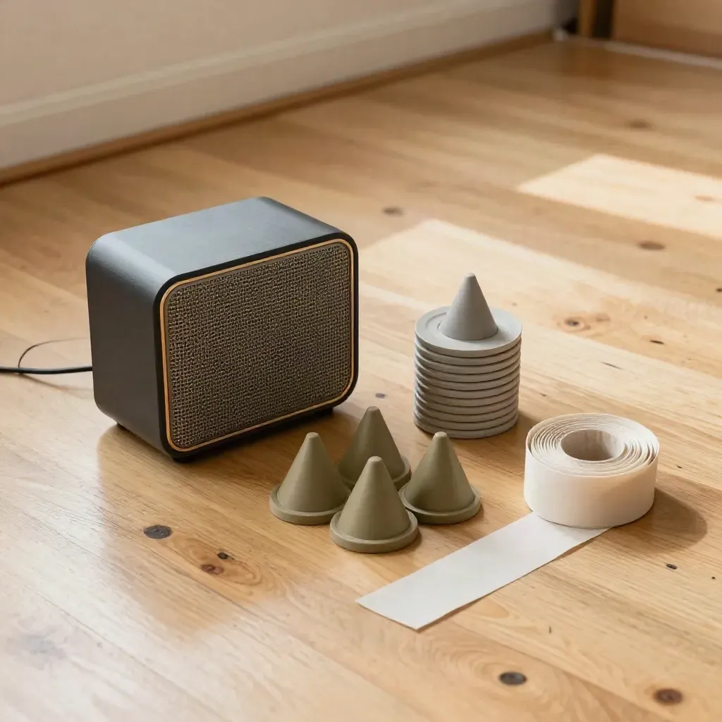 Workshop dance kit on a school hall floor: speaker, marker discs, cones and ribbon.