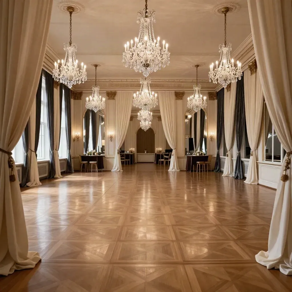 Empty gala ballroom with chandeliers, cream chair drapes and polished parquet