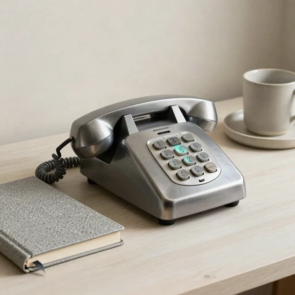 Top-down still life of a desk phone, address book and mug on pale wood with soft teal reflection.