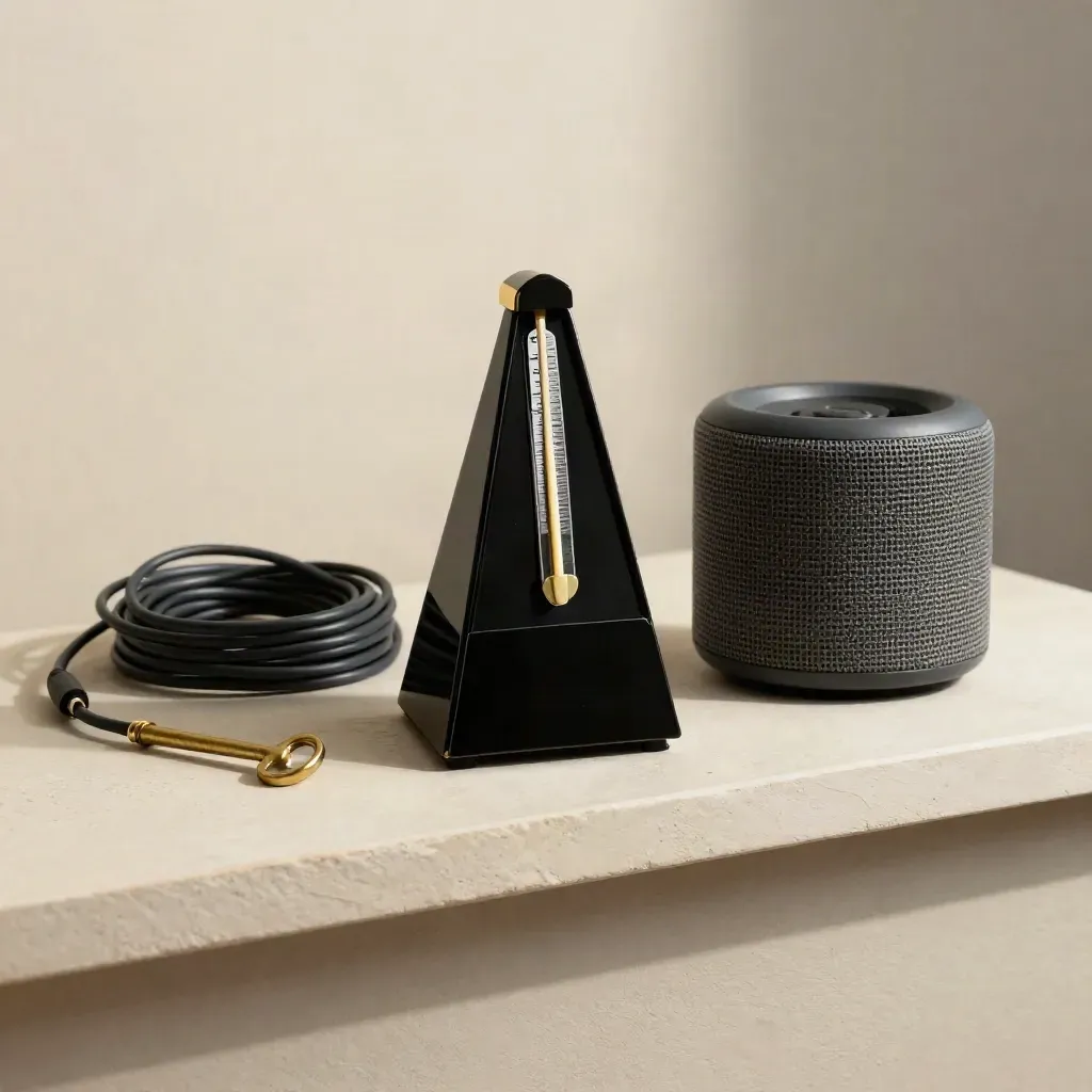Black metronome, audio cable, speaker and brass key on a pale shelf, overhead still life.