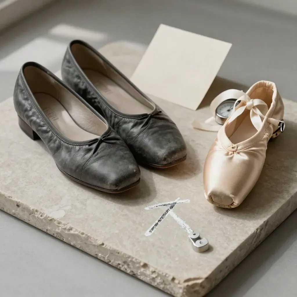 Jazz shoes, pointe shoes, and a metronome on a stone tray with a chalk practice mark.