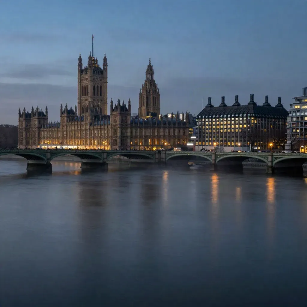 Westminster skyline over the Thames at blue hour with misty reflections and bridge lights.