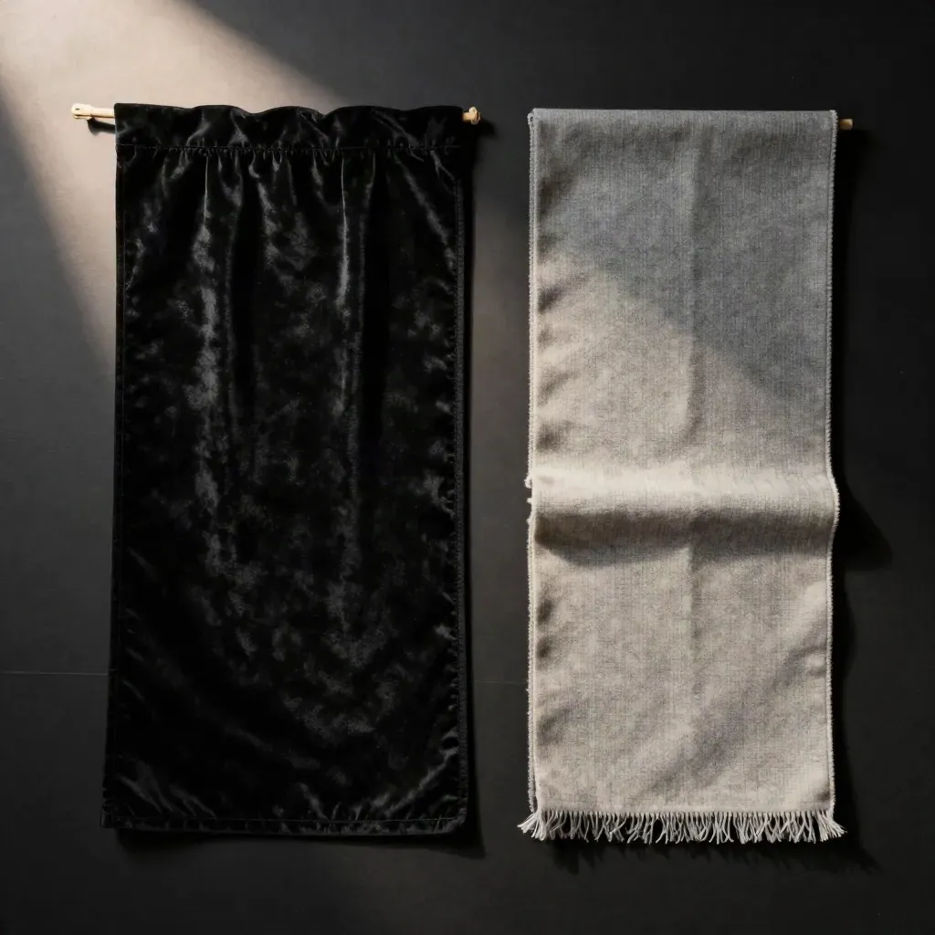 Overhead flatlay of curtain swatch, tape mark, and folded scarf on a black stage floor.