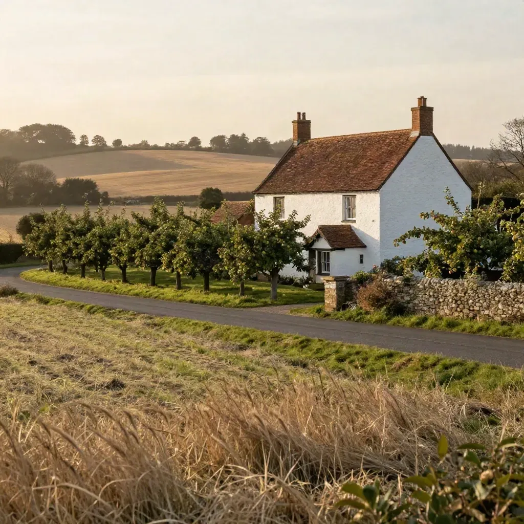 Kent orchard edge with an oast house above warm fields in golden haze