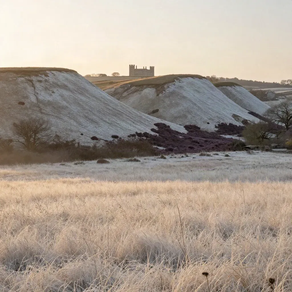 Misty Surrey chalk slopes and a distant manor roofline at sunrise, with open meadow below.