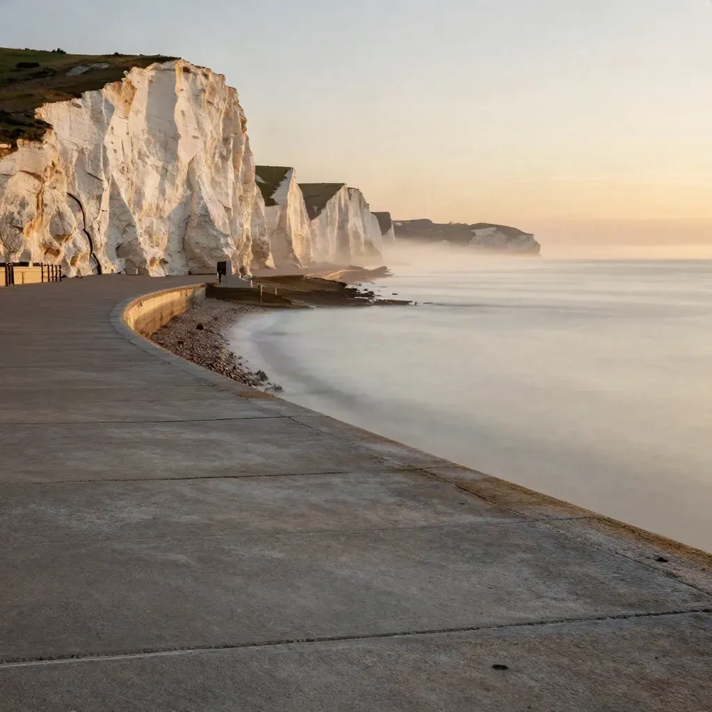 Brighton seafront and pale cliffs in warm mist over a calm concrete promenade.